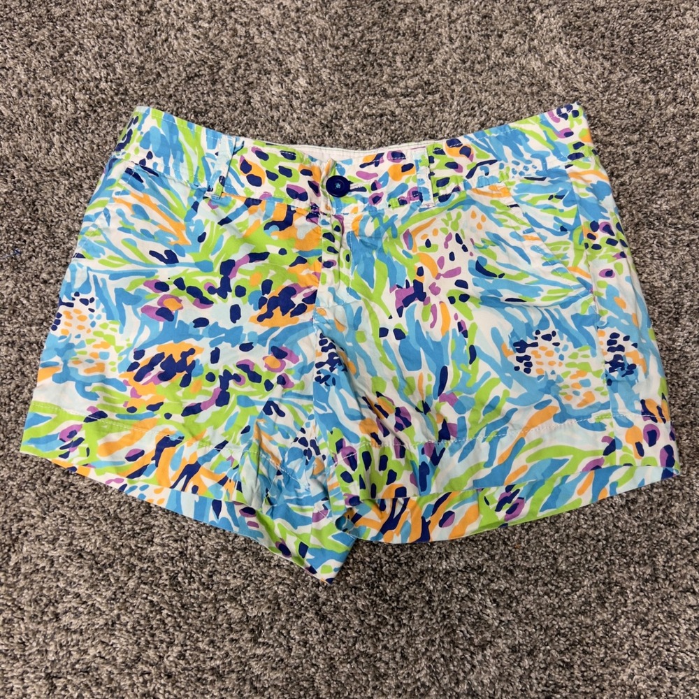 Lilly Pulitzer Callahan Shorts Women's 4 Blue Tropical Floral Palm Beach Preppy
